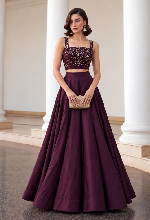 Burgundy Silk Plain Work Readymade Lehenga Choli for Ceremonial